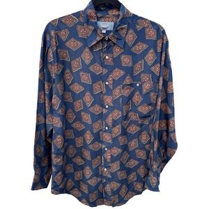 Silk Uomo Vintage 90s Mens Long Sleeve Button Down Shirt Navy Blue Diamond Small